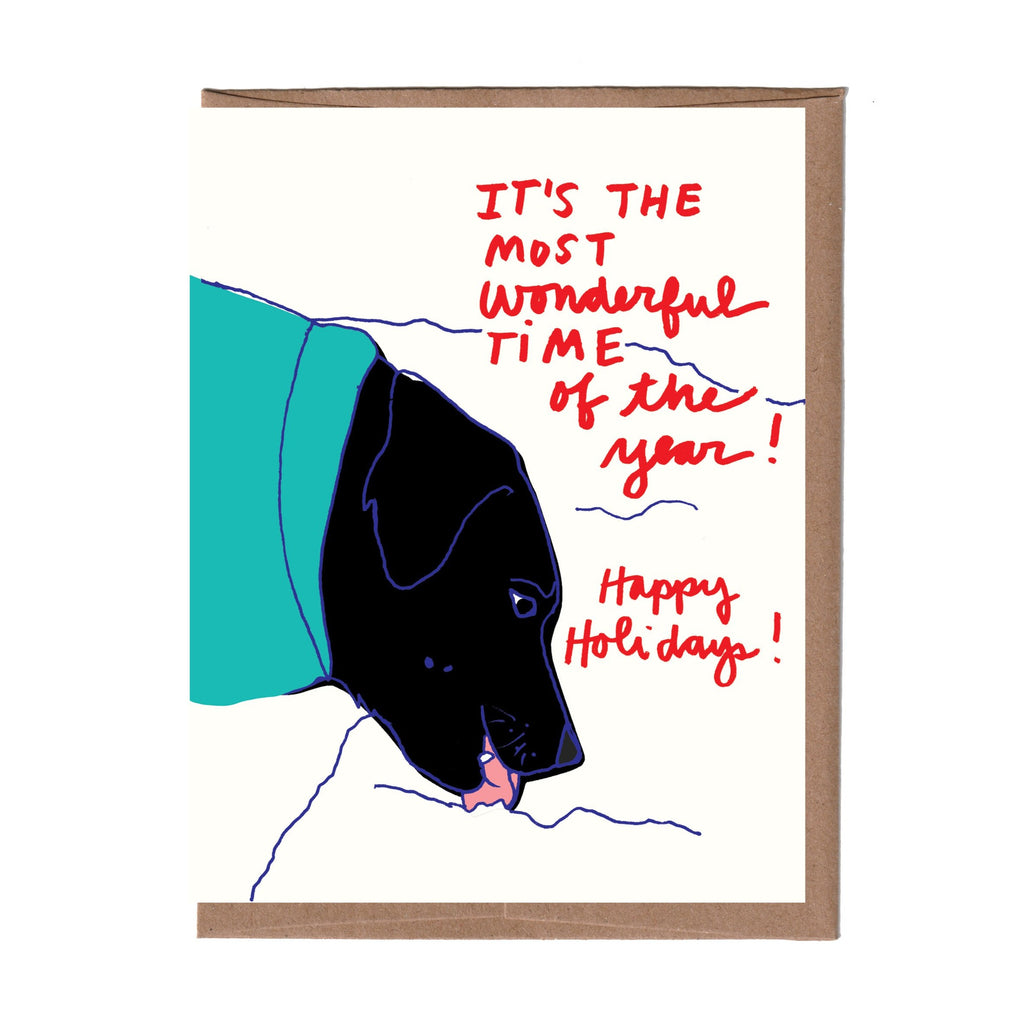 Dog Licking Snow Holiday Card