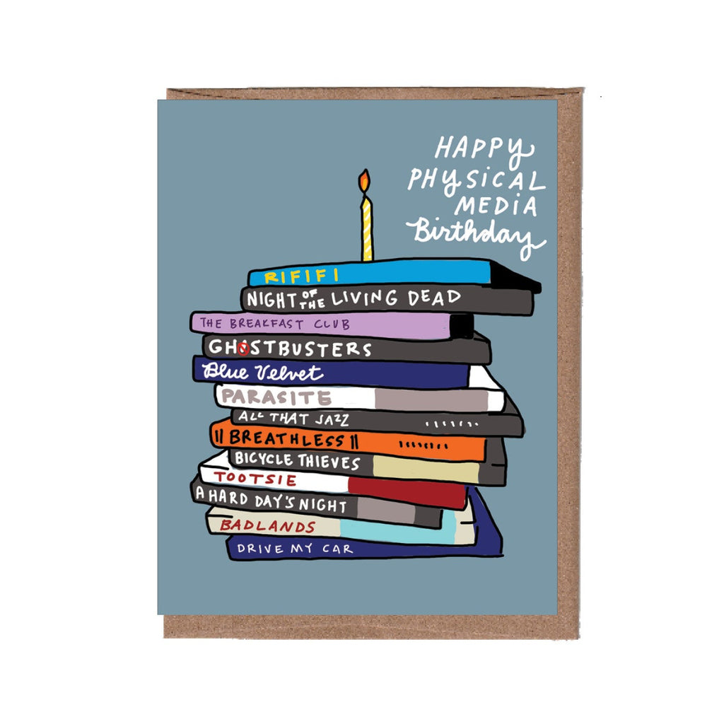 Card with stack of books and birthday candle on a blue background