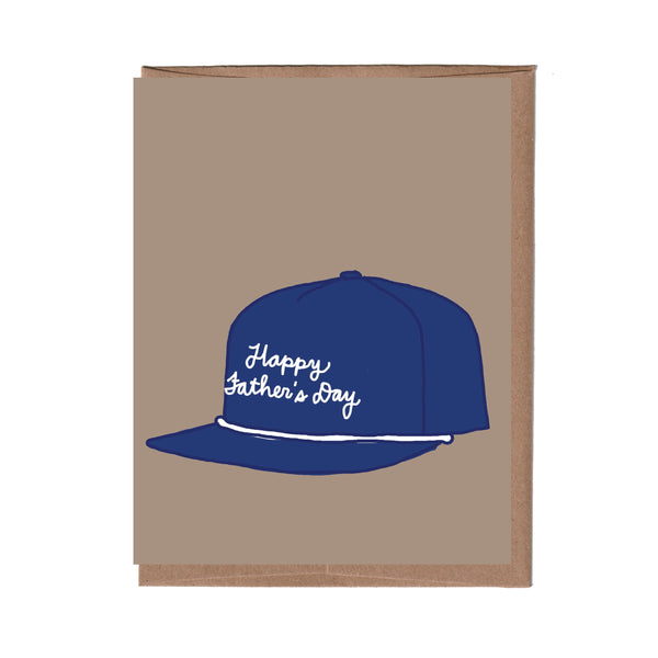 Card with a blue cap graphic and 'Happy Father's Day' text on a beige background