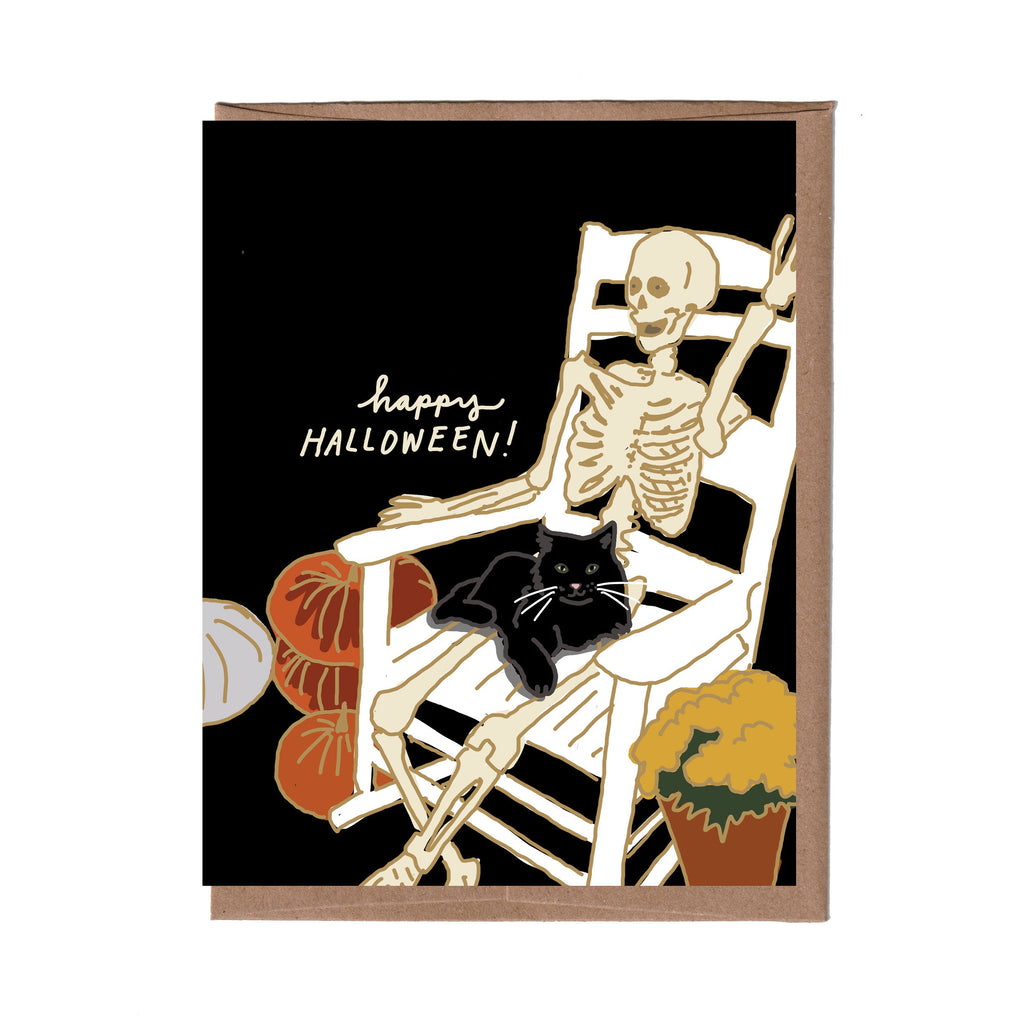 Cat with Skeleton Halloween Card