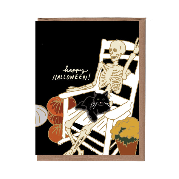 Cat with Skeleton Halloween Card