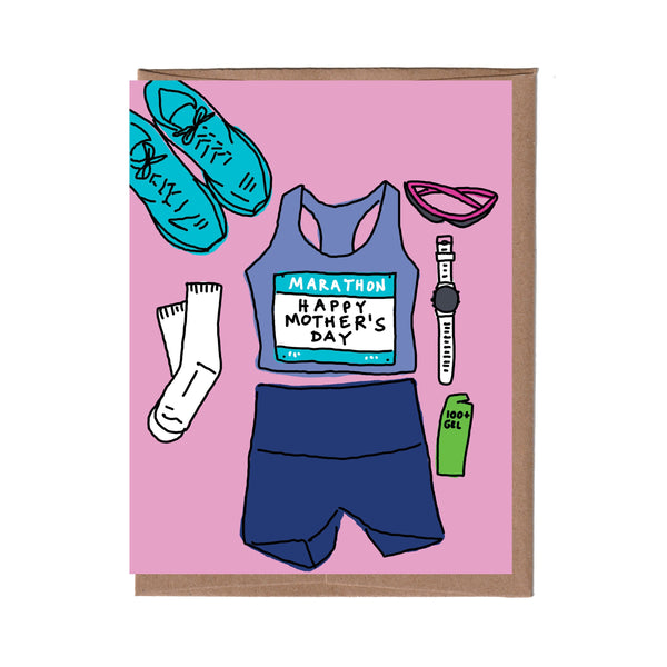 Greeting card with running-themed illustrations on a pink background