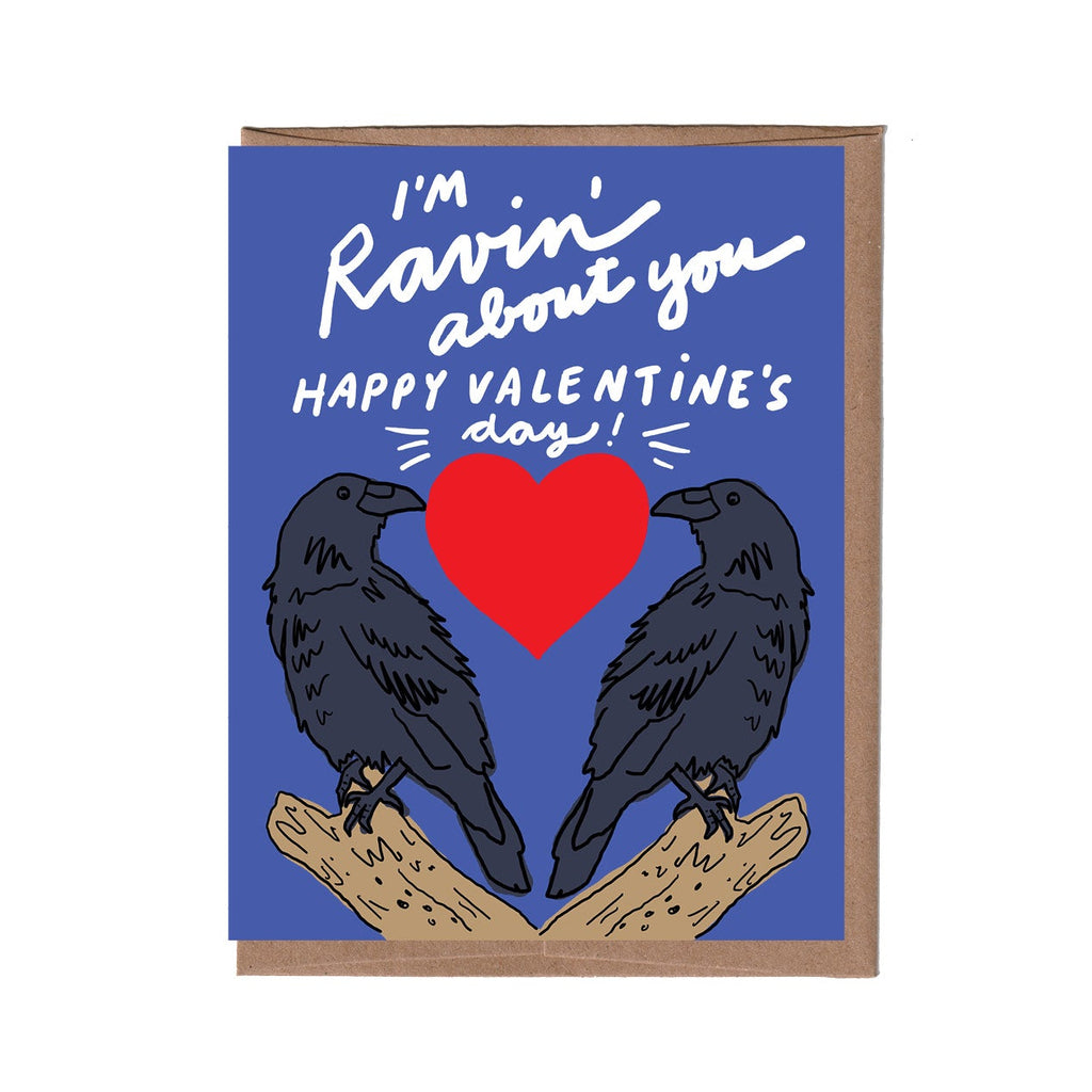 Valentine's Day card with two ravens and a heart on a blue background
