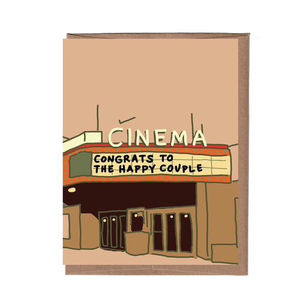 Card with a movie theater illustration and 'Congrats to the happy couple' text on a beige background