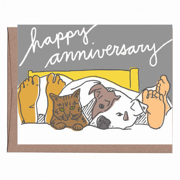 Pets in Bed Anniversary Card
